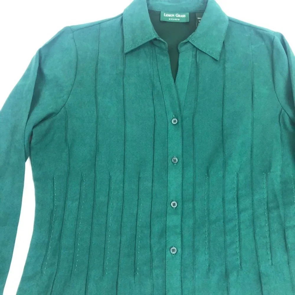 Lemon Grass Studio Faux Suede Shirt Womens Size M Green Pintuck Button Down Top